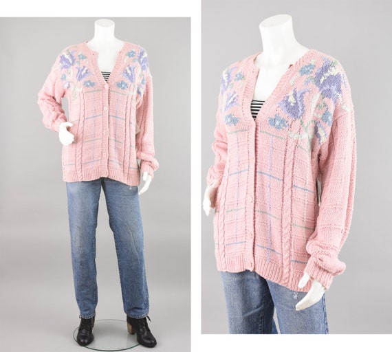 Vintage Pastel Pink Floral Cardigan, Hand Knit Ov… - image 1