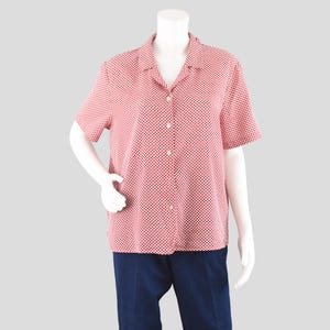 Vintage Short Sleeve Shirt, Red & White Geometric Pattern Top, Women's Plus Size