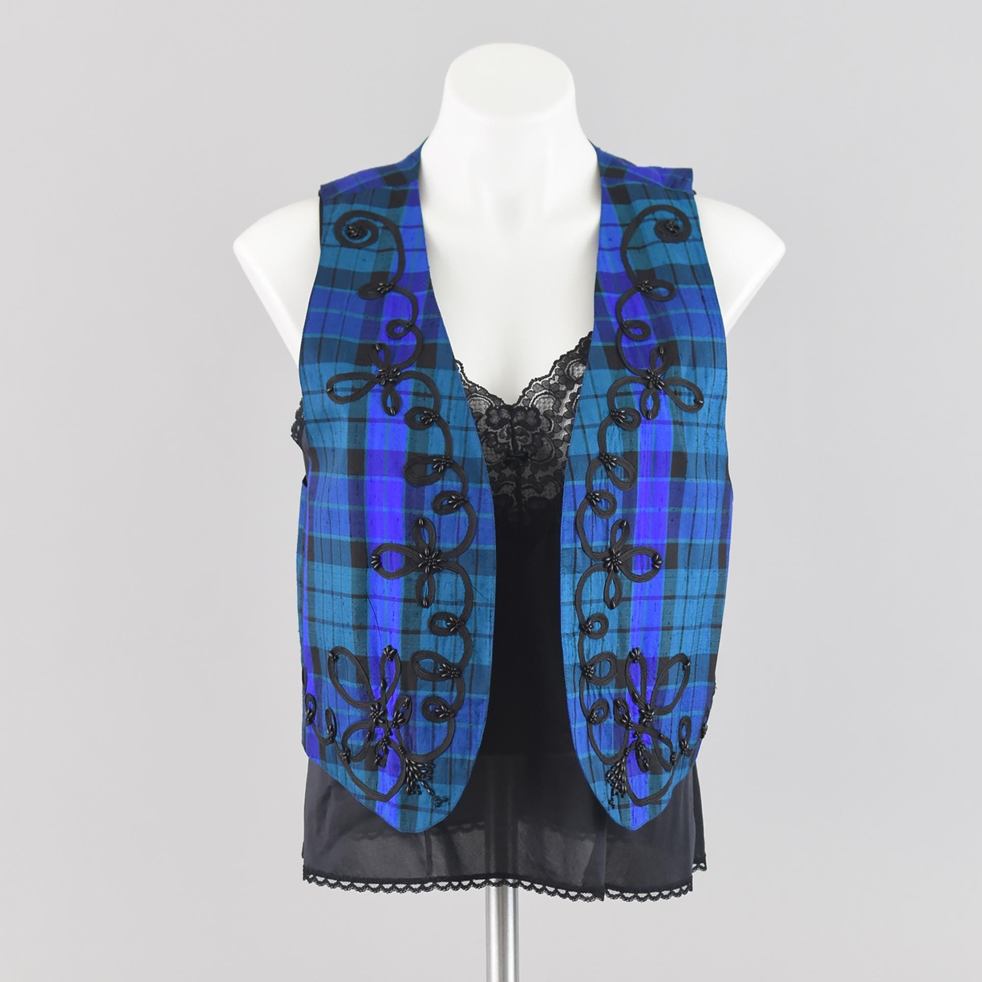 Vintage Blue Plaid Open Front Vest Liz Claiborne Beaded Silk Waistcoat Women s Small