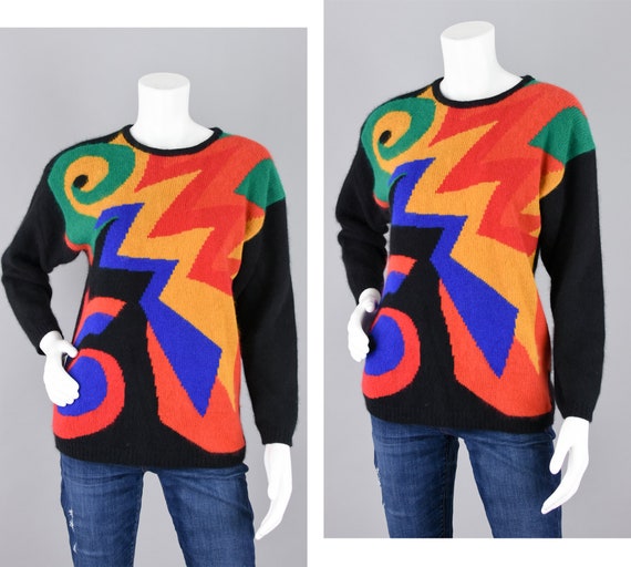 80s Angora Lambswool Sweater, Vintage Colorful Ge… - image 1