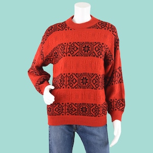 80s Holiday Snowflake Sweater, Winter Nordic Slouchy Knit Mockneck, Women&#39;s Medium