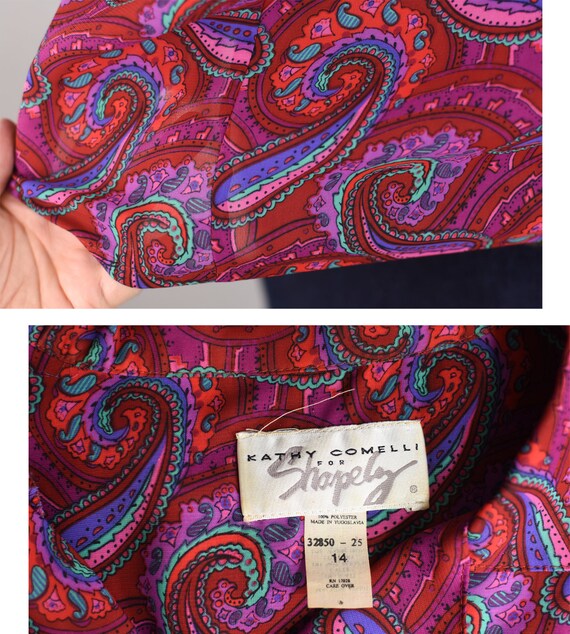 80s Paisley Print Semi Sheer Blouse, Magenta Pink… - image 10