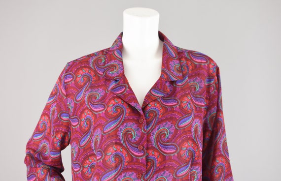 80s Paisley Print Semi Sheer Blouse, Magenta Pink… - image 2