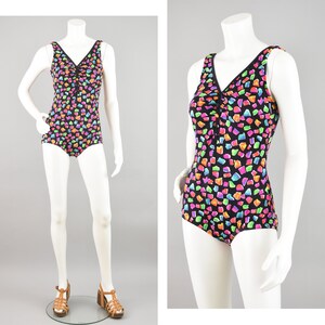 80s Maxine of Hollywood Black and Pink Retro Print Swimsuit