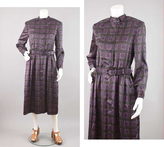 80s Long Sleeve Midi Dress with Pockets, Silky Po… - image 1