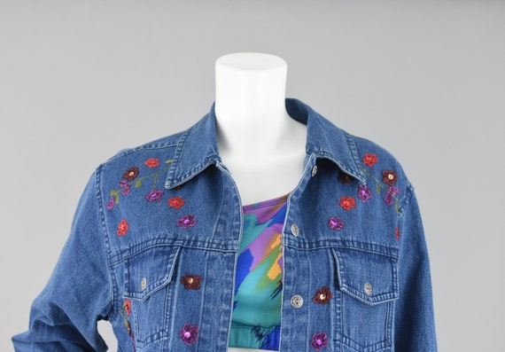 90s Embroidered Floral Jean Jacket, Boxy Fit Deni… - image 3