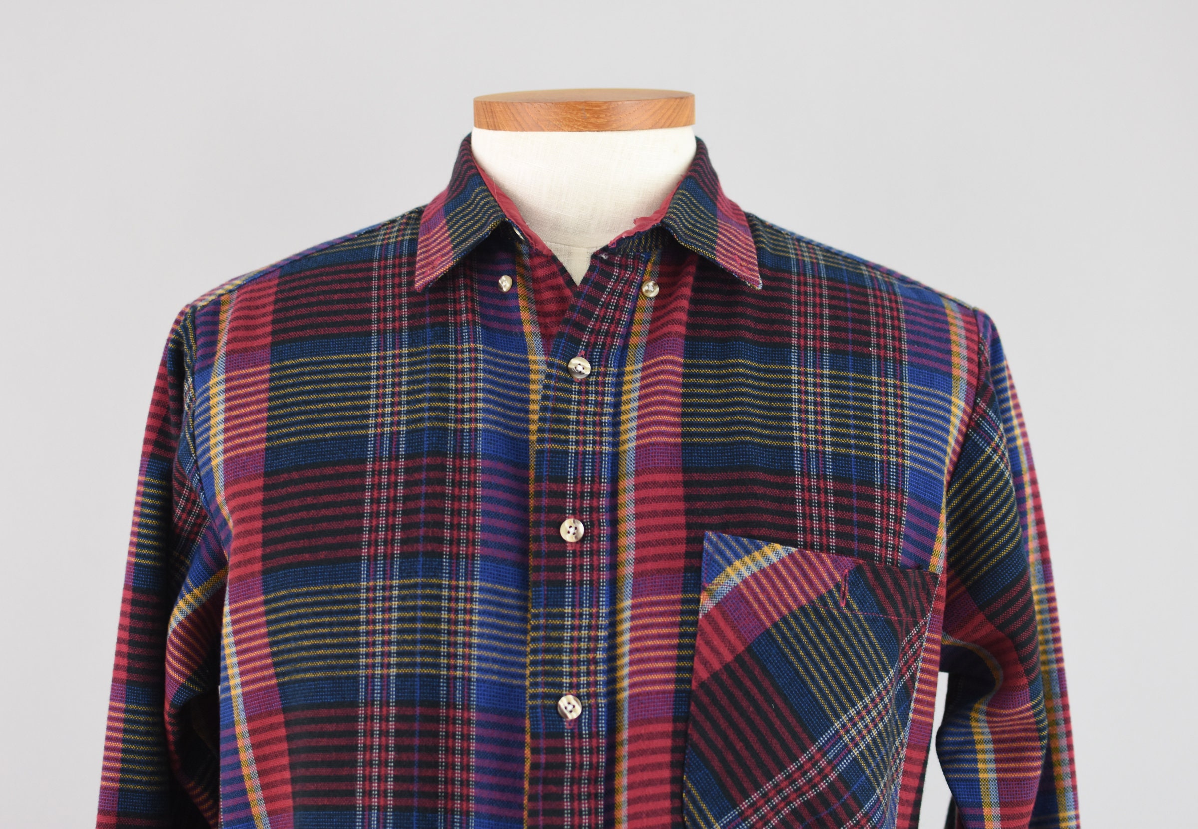 が大特価！ Heusen Van 70s Vintage Plaid Down Button Colored Dark Shirt, トップス