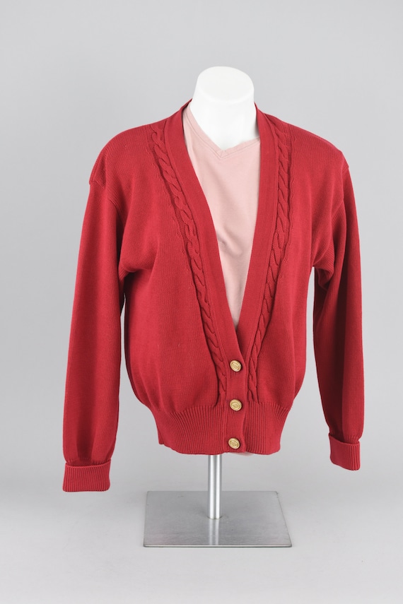 80s Red Knit Slouchy Cardigan, Cuffed Sleeves, Gol