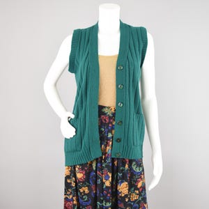 Vintage 70s Green Ribbed Sweater Vest with Pockets Women&#39;s Extra Small