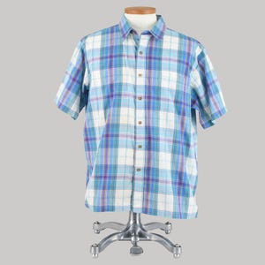 80s Plaid Short Sleeve Shirt, Vintage Blue Button Down, Arrow Sport, Men&#39;s Extra Large