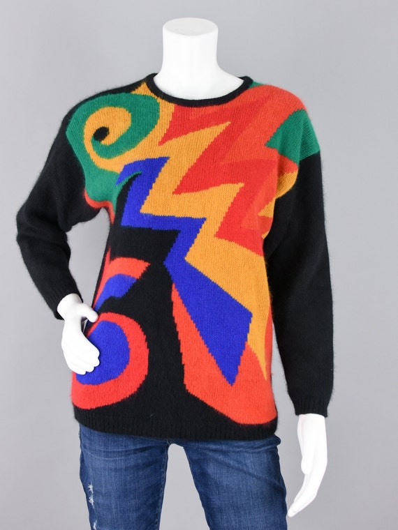 80s Angora Lambswool Sweater, Vintage Colorful Ge… - image 10