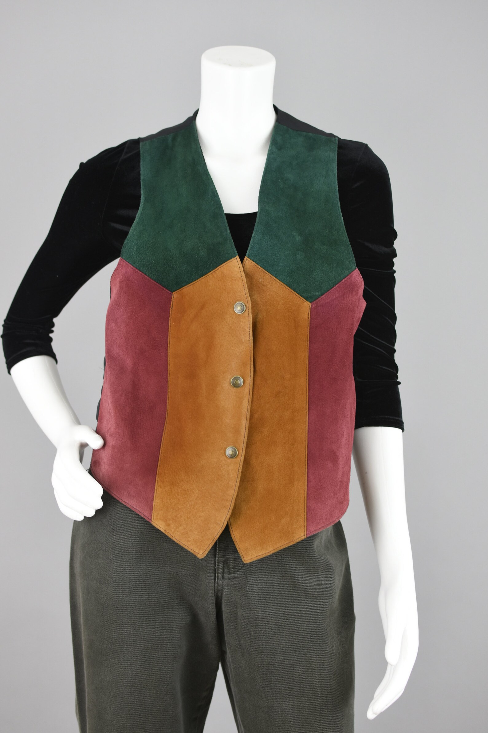 Vintage Genuine Leather Vest Green & Red Colorblock Pattern Etsy