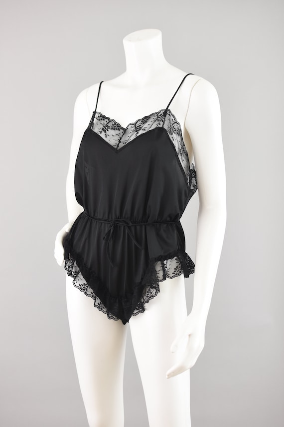 Vintage Black Satin Teddy Lingerie, Floral Lace O… - image 4