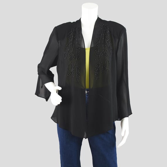 Vintage Black Beaded Coverup, Semi Sheer Formal Cardigan, Women's