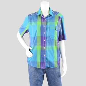 80s Plaid Short Sleeve Shirt, Blue & Green Button Down, Women&#39;s Medium