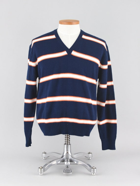 Vintage 70s V-neck Sweater, Dark Blue & Orange Str