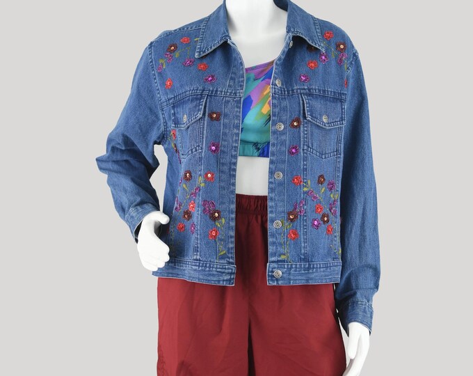 90s Embroidered Floral Jean Jacket, Boxy Fit Denim Coat, Women's Medium ...