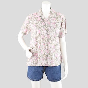 Vintage L.L. Bean Linen Floral Short Sleeve Blouse, Green & Pink, Women&#39;s Small
