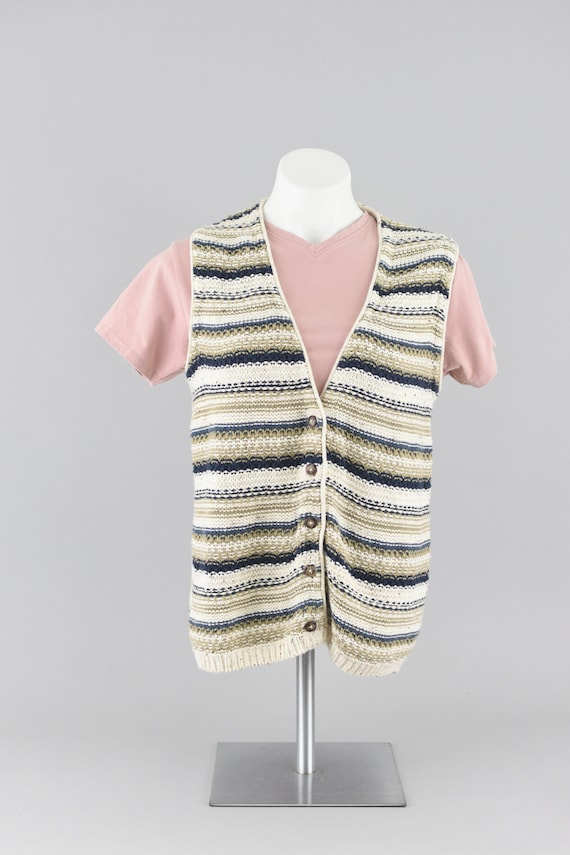 90s Woven Sweater Vest, Cream & Blue Striped Knitw