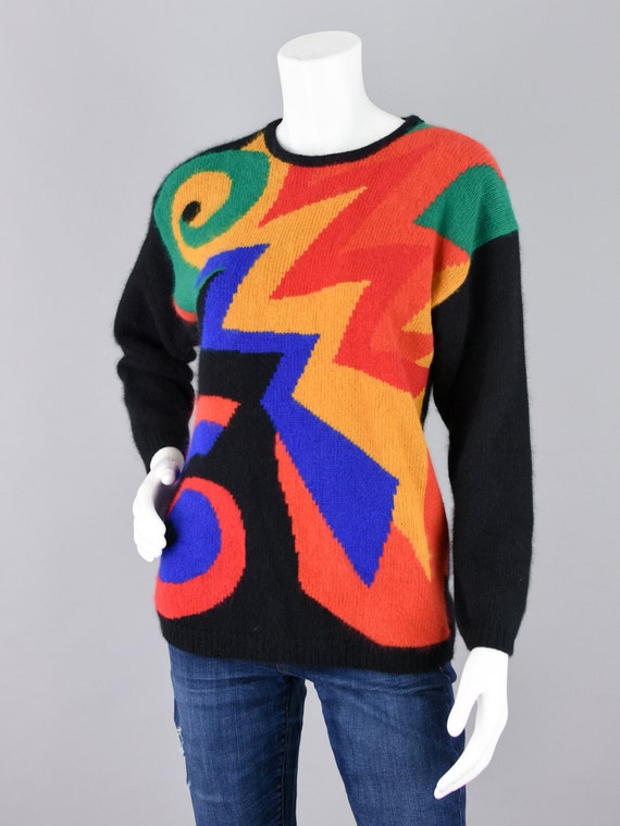 80s Angora Lambswool Sweater, Vintage Colorful Ge… - image 4