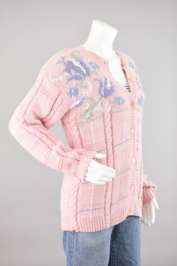 Vintage Pastel Pink Floral Cardigan, Hand Knit Ov… - image 5