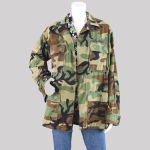 90s Distressed Army Camouflage Jacket, Vintage Military BDU Fatigue Shirt, with Patches, Men's Medium Long