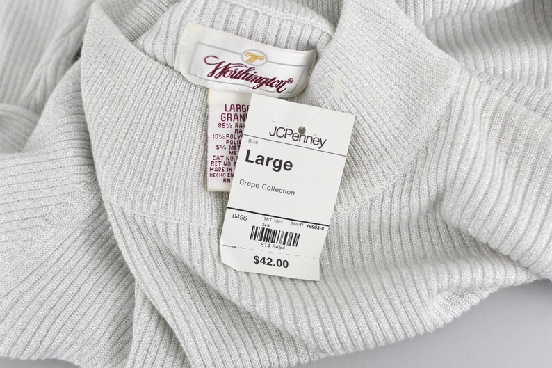 Vintage 90s Ribbed Mockneck Long Sleeve Shirt Deadstock Worthington Women/'s Large Silver Metallic Basic Layering Top