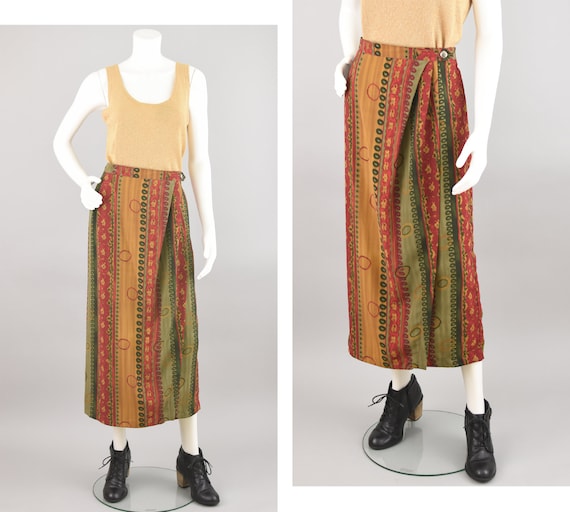 90s Long Wrap Skirt, Vintage Colorful Print Midi,… - image 1