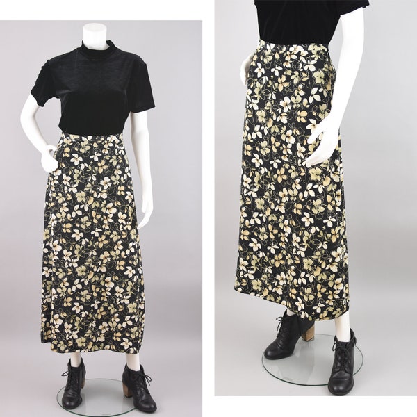 Vintage Dark Floral Maxi, 90s Black & Tan Flowy A-line Skirt, Women's Size 10, 32" Waist