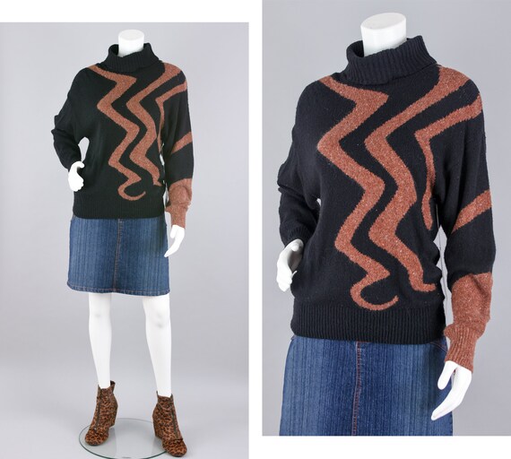 70s Turtleneck Sweater Vintage, Black & Metallic L