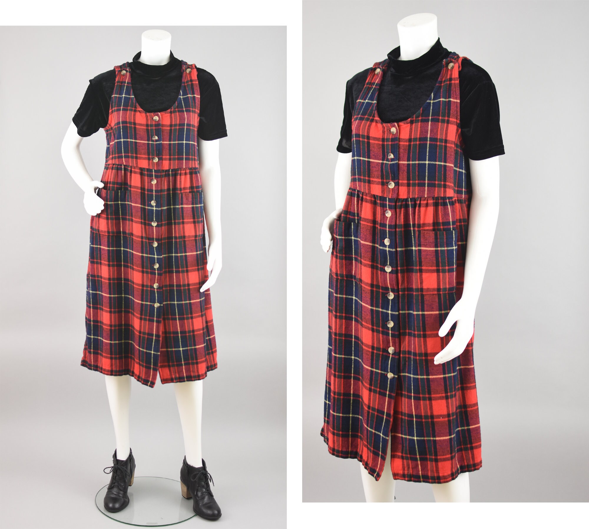 Vintage Aprons, Retro Aprons, Old Fashioned Aprons & Patterns Vintage Plaid Flannel Pinafore, Red  Blue Apron Dress, Womens Petite Small $44.00 AT vintagedancer.com