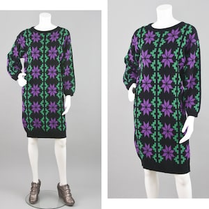80s Black & Purple Snowflake Wool Blend Sweater Dress Women&#39;s Small - Medium