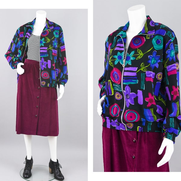 80s Floral Windbreaker, Vintage Geometric Print, Colorful Zip Up Polyester Jacket, Women's Medium