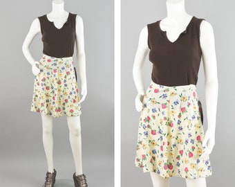 Vintage Skater Skirt, 90s Floral Grunge Skater Mini, High Waisted A-line, Small Waist 28"