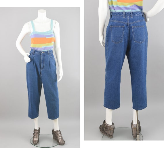 Vintage Denim Capris, Pleated Relaxed Fit 80s Mom… - image 1