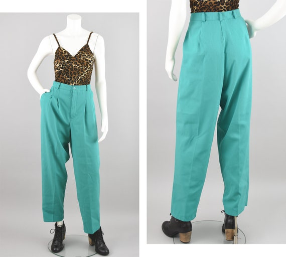 80s High Waisted Teal Pants, Worthington Essentials Pleated Relaxed Fit  Trousers, Women's Size 12, 30 Waist 