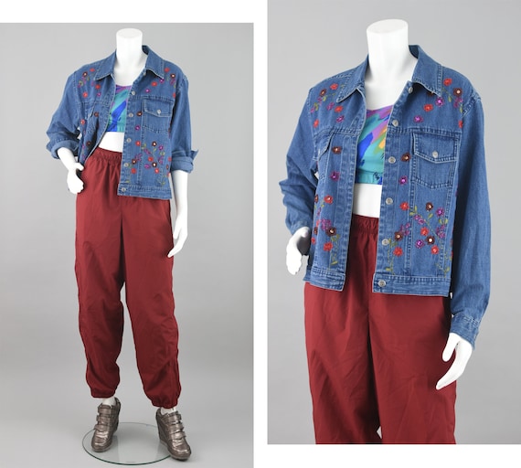 90s Embroidered Floral Jean Jacket, Boxy Fit Deni… - image 1