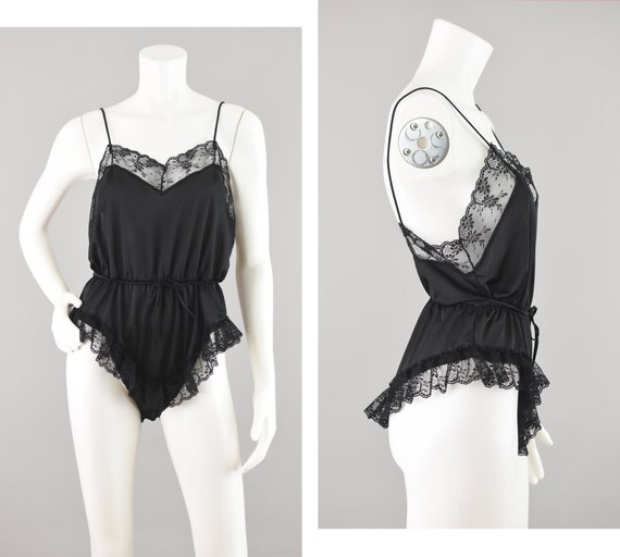 Vintage Black Satin Teddy Lingerie, Floral Lace One Piece Bodysuit Romper,  Women's Medium 