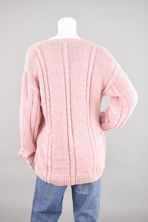Vintage Pastel Pink Floral Cardigan, Hand Knit Ov… - image 9