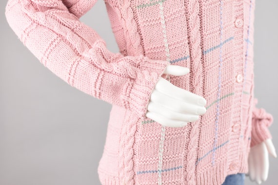 Vintage Pastel Pink Floral Cardigan, Hand Knit Ov… - image 6