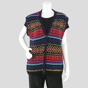 Vintage 80s Primary Colors Knit Sweater Vest Women&#39;s Large