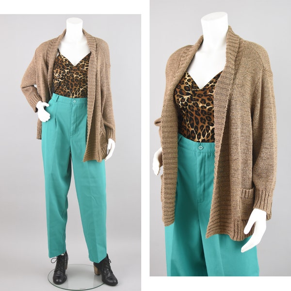 Vintage Brown Crochet Knit Cardigan, Open Front Sweater with Pockets, Appleseed's Women's Petite Extra Large