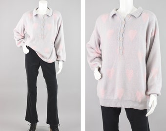 80s Heart Sweater, Pastel Purple & Pink Knit Collared Pullover, Women's Vintage Plus Size 14 - 16