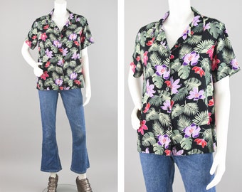 Vintage 90s Tropical Floral Button Down Shirt, Black & Purple Basic Editions Hawaiian Top, Women's Large