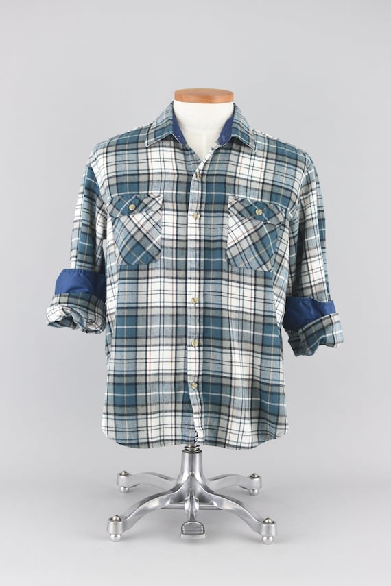 Vintage Plaid Flannel Blue Shirt, 80s Long Sleeve… - image 1