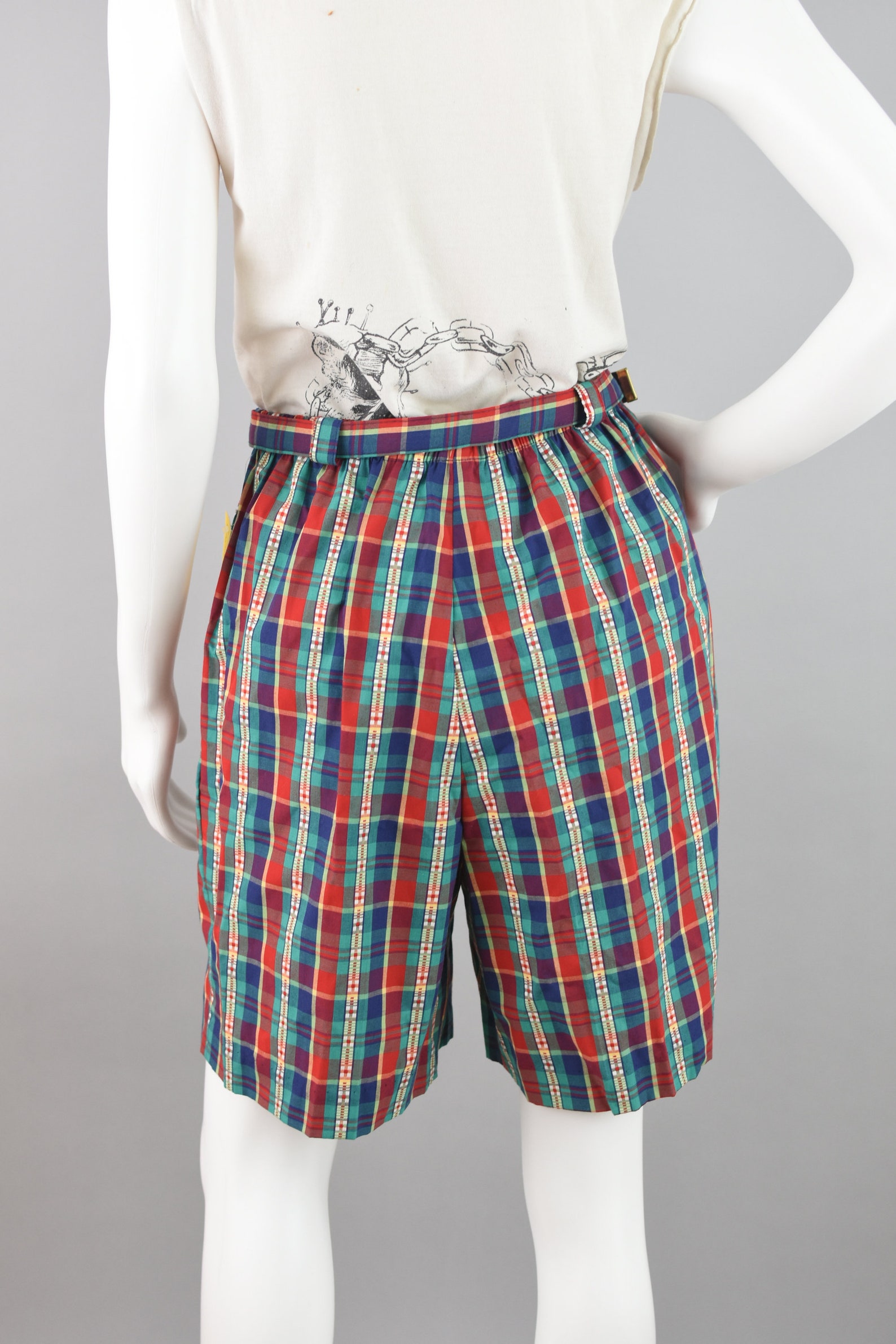 Vintage 80s Plaid Bermuda Summer Shorts Belted Elastic High | Etsy