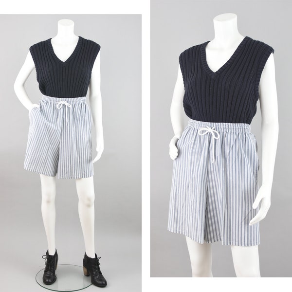 80s Blue Striped Bermudas, Vintage High Waist Shorts, Women's Small, 24" - 28" Waist