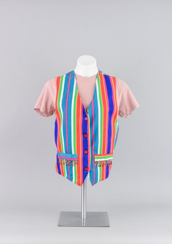 90s Rainbow Striped Vest, Beaded Tassel Fringe Den