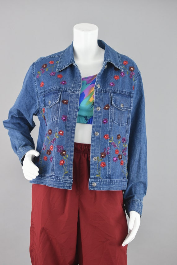 90s Embroidered Floral Jean Jacket, Boxy Fit Deni… - image 2