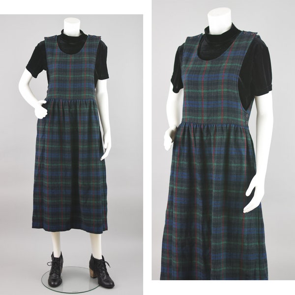 Vintage Wool Plaid Pinafore Midi, Blue & Green Apron Dress, Women's Size 10